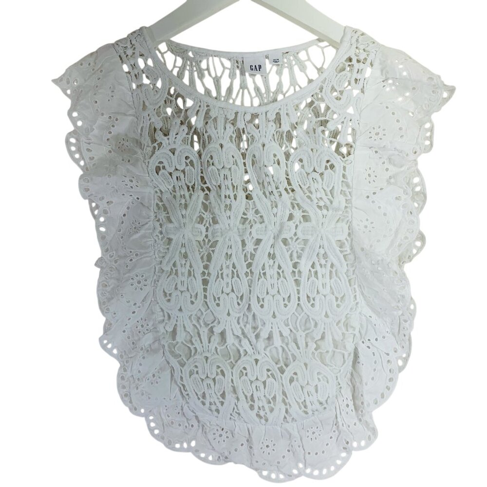 Gap white eyelet lace sleeveless ruffle top size xs